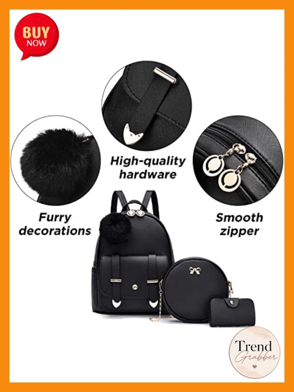 Faux Leather Mini Backpack Purse Set - 3 Piece Daypack with Pompom